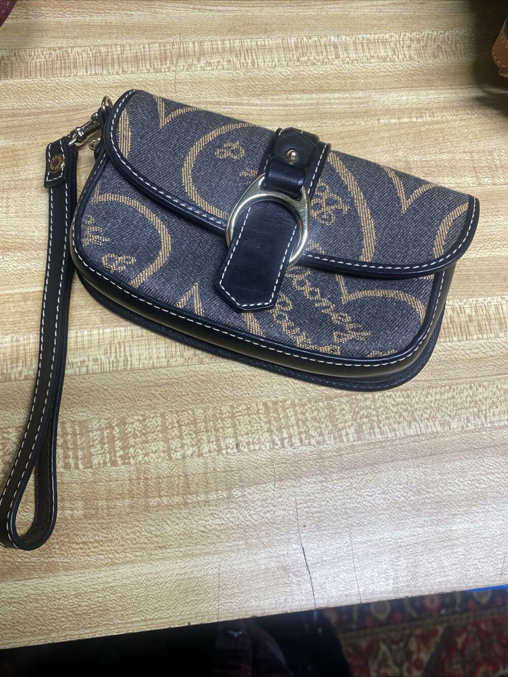 Dooney & Bourke Logo Black Gold Denim Canvas Leather Wristlet Wallet